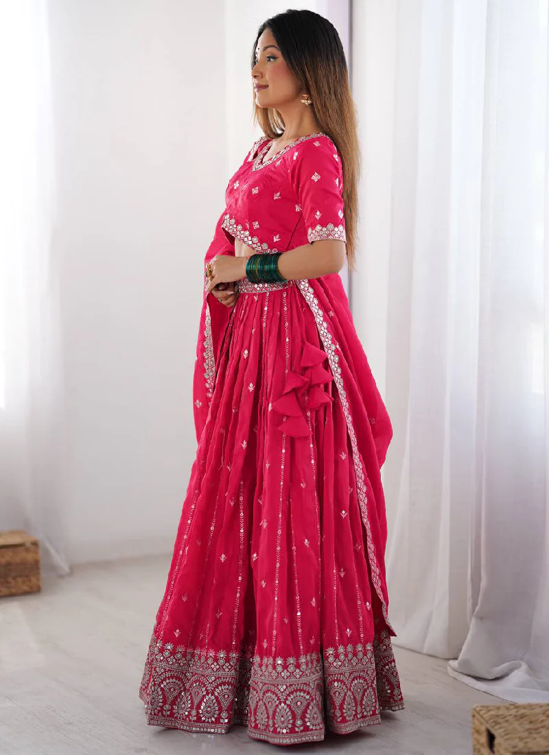 Prettiest Silk Zari Embroidery Work Pink Festival Wear Lehenga Choli - Image 4