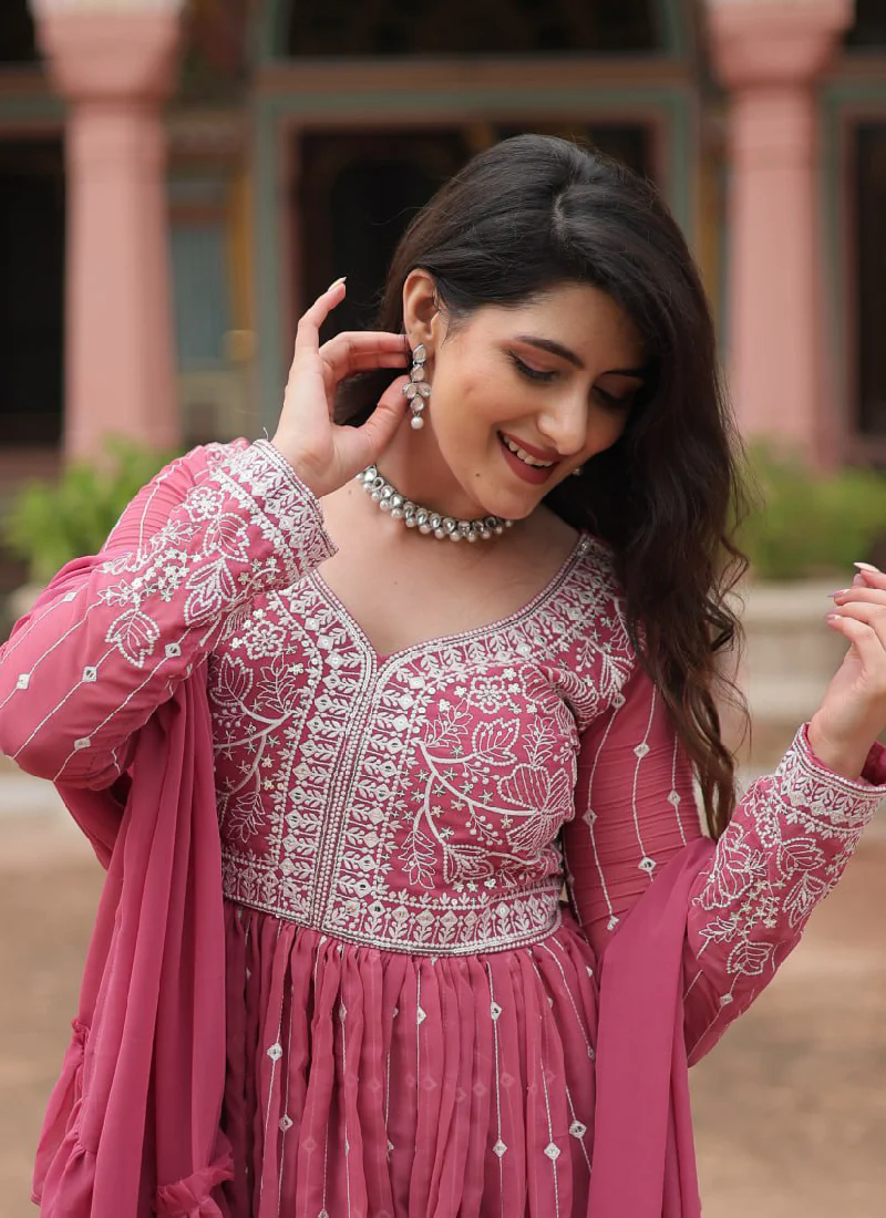 Prettiest Thread Embroidered Georgette Pink Plazzo Suit With Dupatta - Image 3