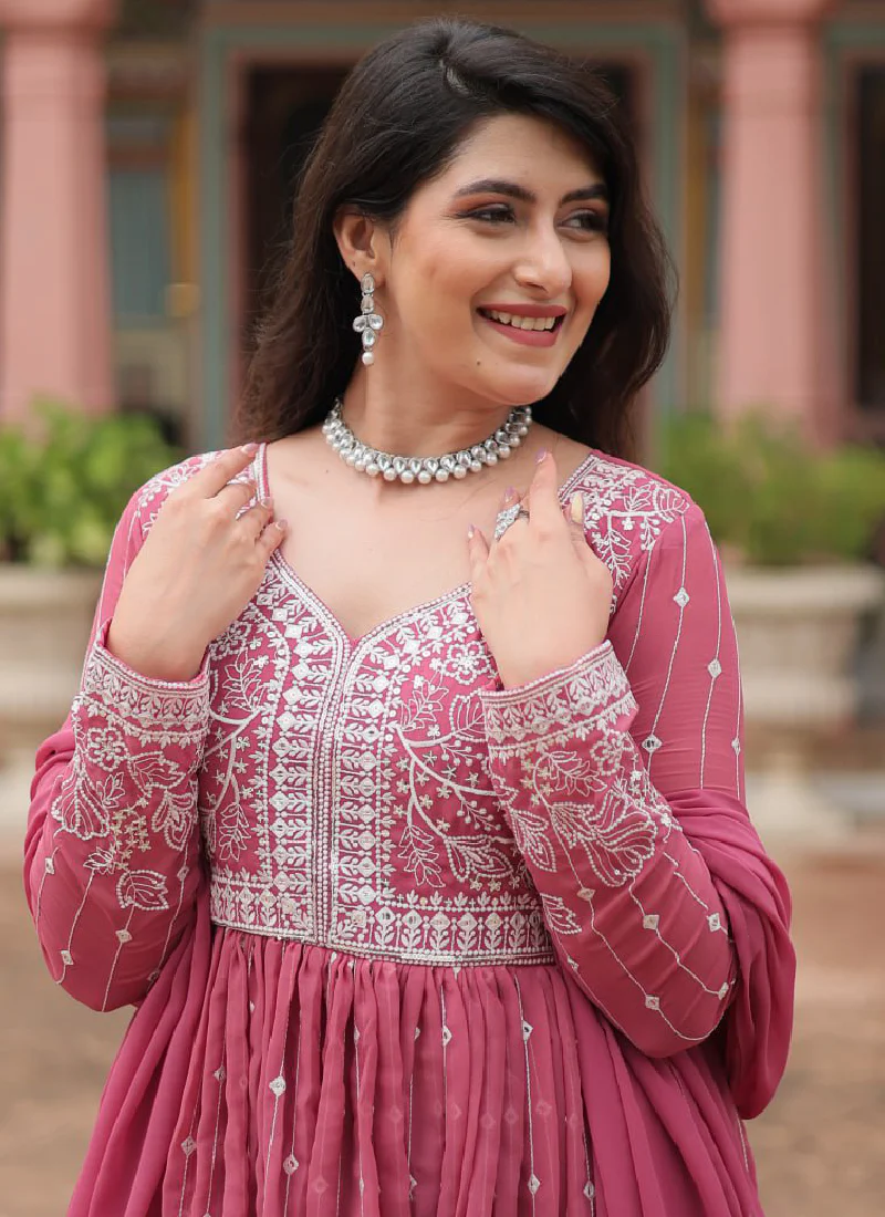 Prettiest Thread Embroidered Georgette Pink Plazzo Suit With Dupatta - Image 4