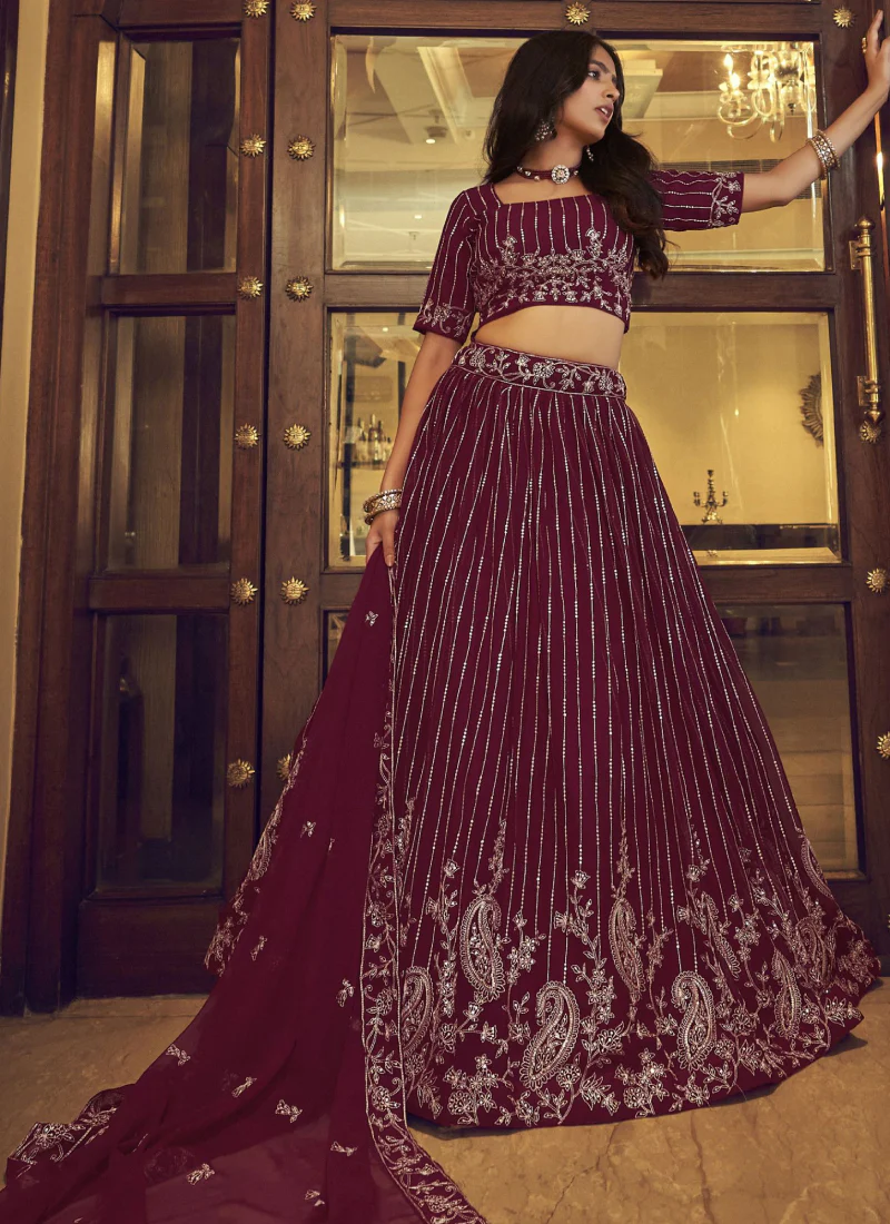 Prettiest Wine Faux Georgette Viscose Thread Work Lehenga - Image 2