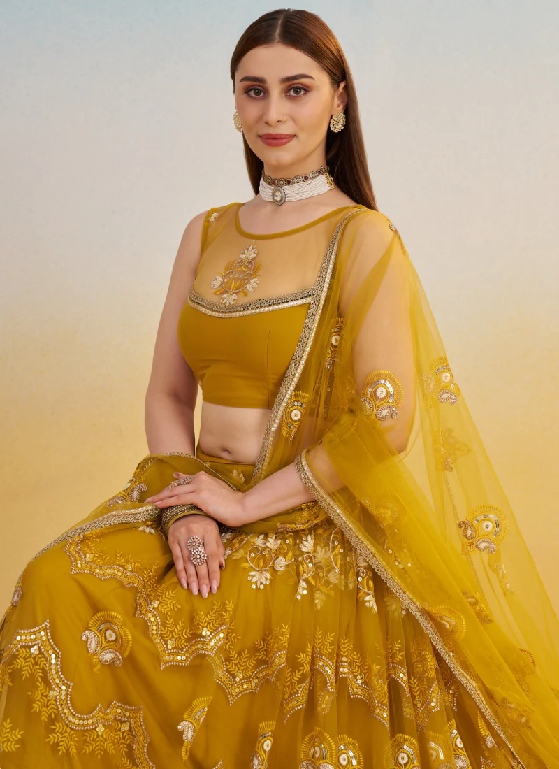 Pretty Net Thread Embroidered Mustard Yellow Haldi Wear Lehenga Choli - Image 2
