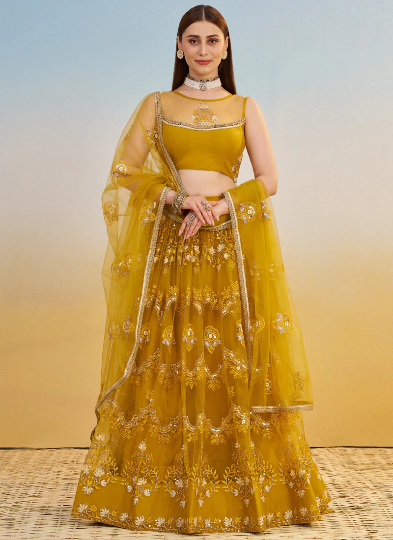 Pretty Net Thread Embroidered Mustard Yellow Haldi Wear Lehenga Choli - Image 3