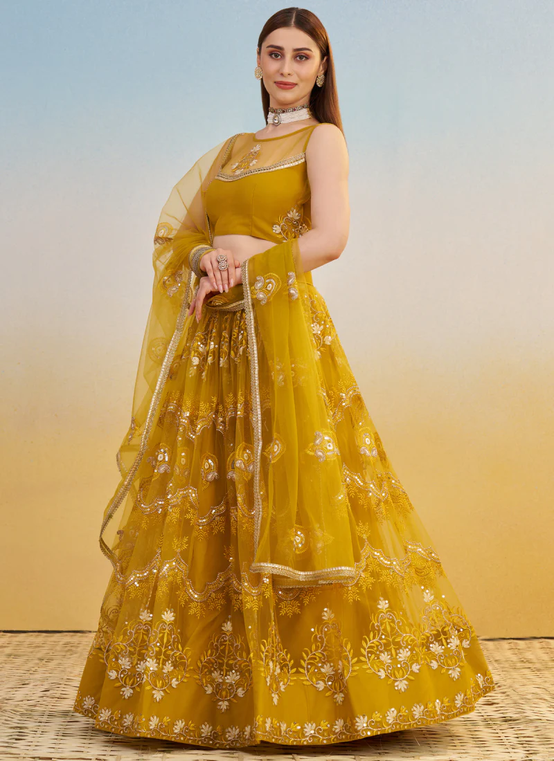Pretty Net Thread Embroidered Mustard Yellow Haldi Wear Lehenga Choli - Image 4