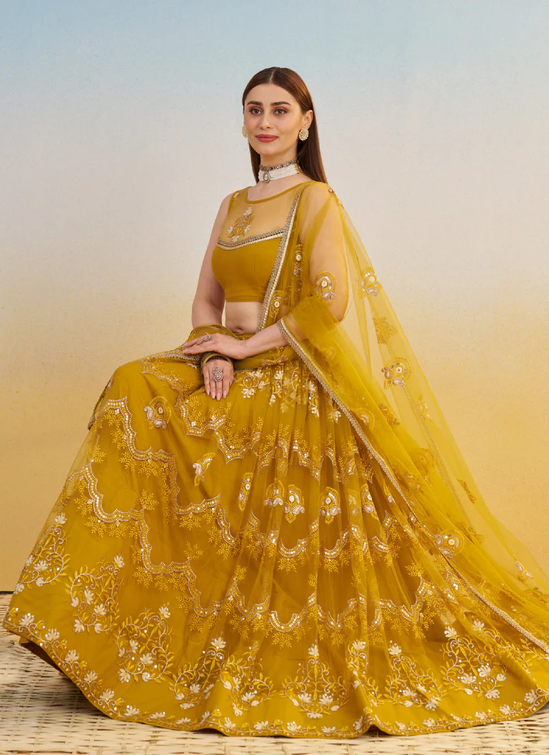 Pretty Net Thread Embroidered Mustard Yellow Haldi Wear Lehenga Choli - Image 5