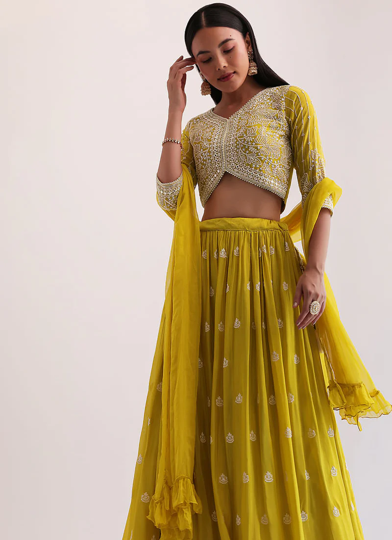Pretty Yellow Thread Sequin Embroidered Haldi Georgette Lehenga Choli - Image 3