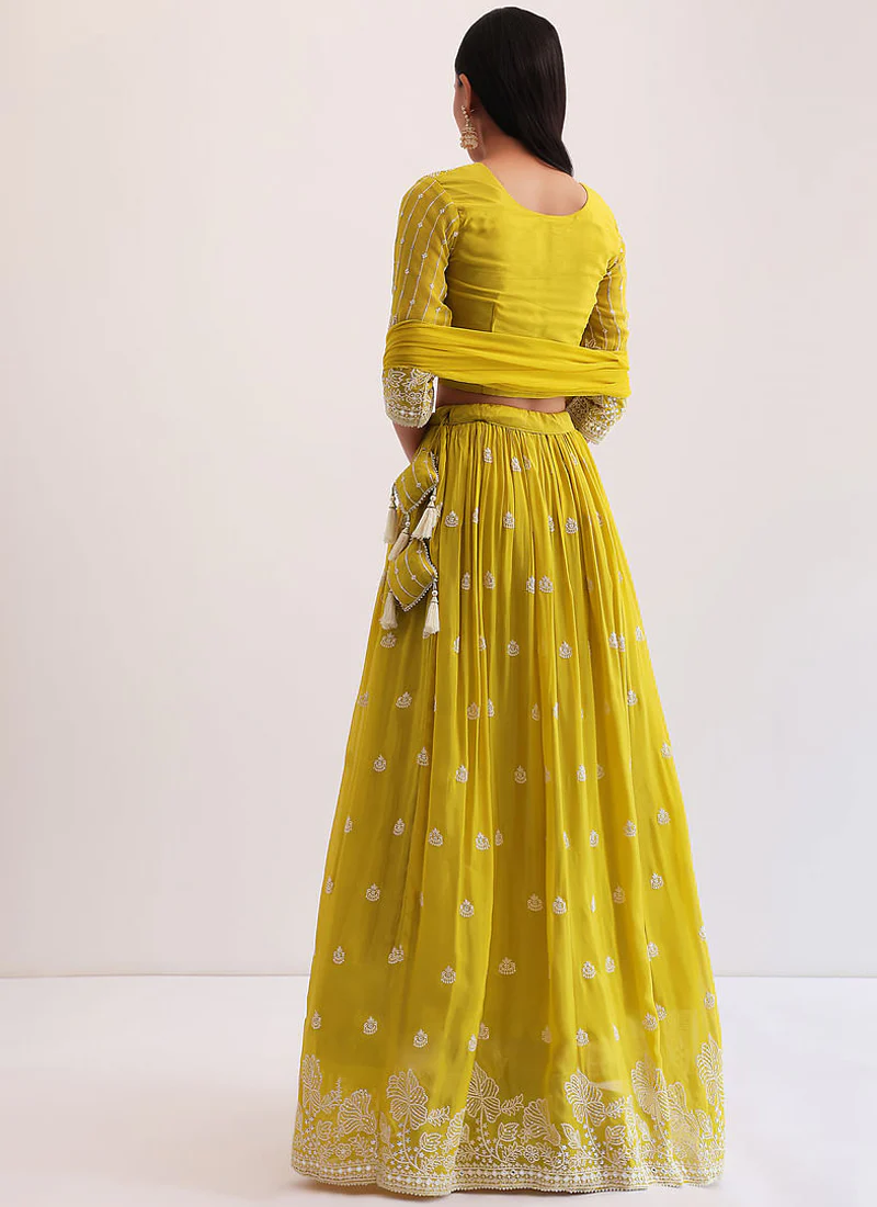 Pretty Yellow Thread Sequin Embroidered Haldi Georgette Lehenga Choli - Image 5