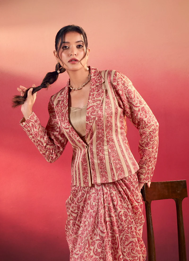 Printed Designer Silk Red Stylish Drape Bottom With Blouse And Jacket - Image 2