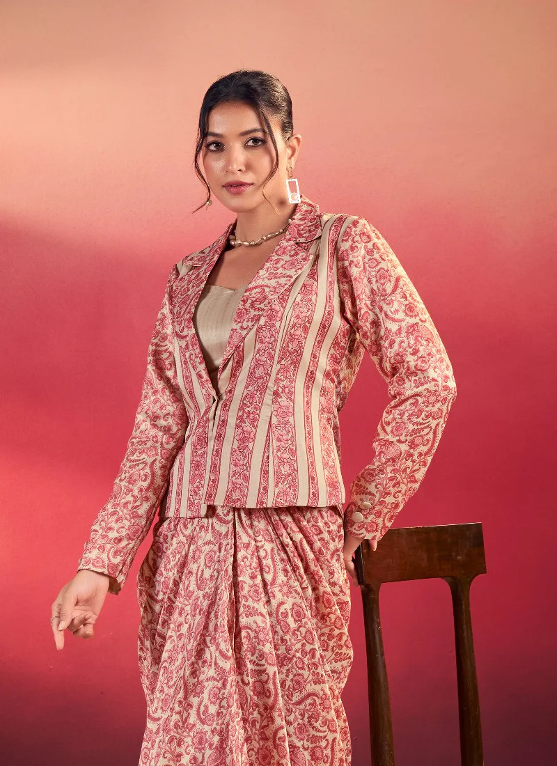 Printed Designer Silk Red Stylish Drape Bottom With Blouse And Jacket - Image 3