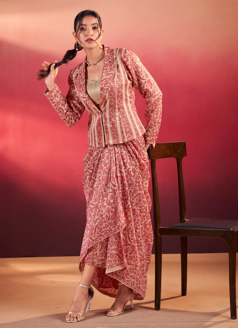 Printed Designer Silk Red Stylish Drape Bottom With Blouse And Jacket - Image 4