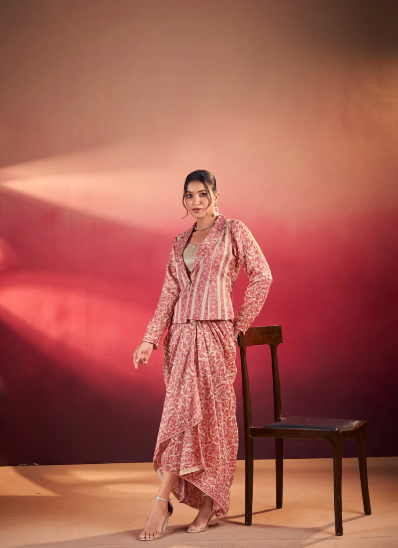 Printed Designer Silk Red Stylish Drape Bottom With Blouse And Jacket - Image 5