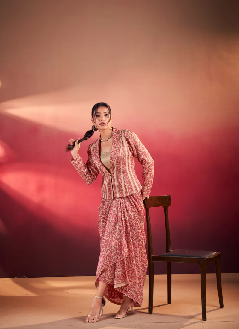 Printed Designer Silk Red Stylish Drape Bottom With Blouse And Jacket - Image 6