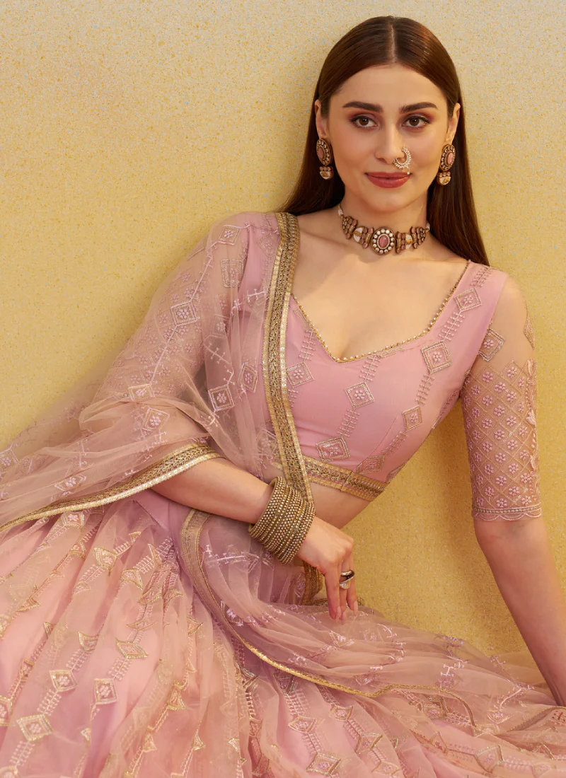 Prominent Thread Embroidery Light Pink Net Lehenga Choli With Dupatta - Image 2