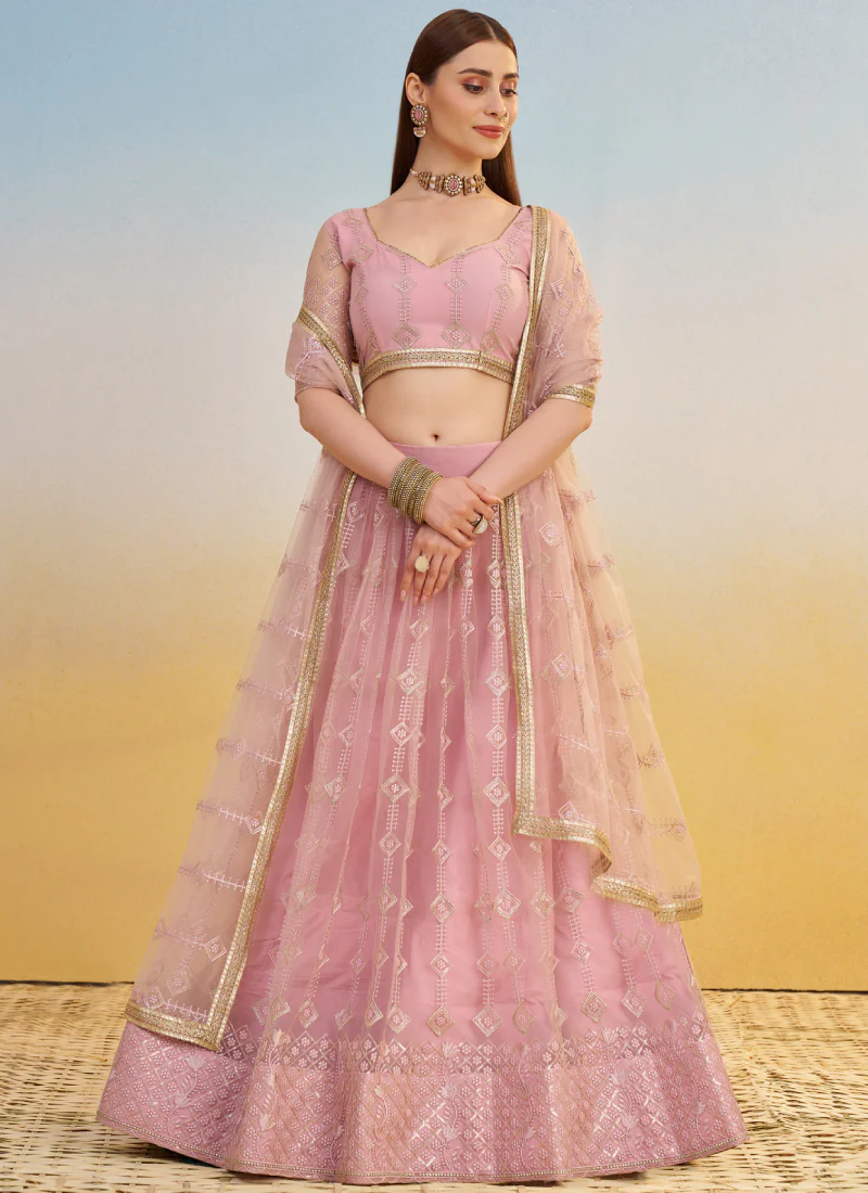 Prominent Thread Embroidery Light Pink Net Lehenga Choli With Dupatta - Image 3