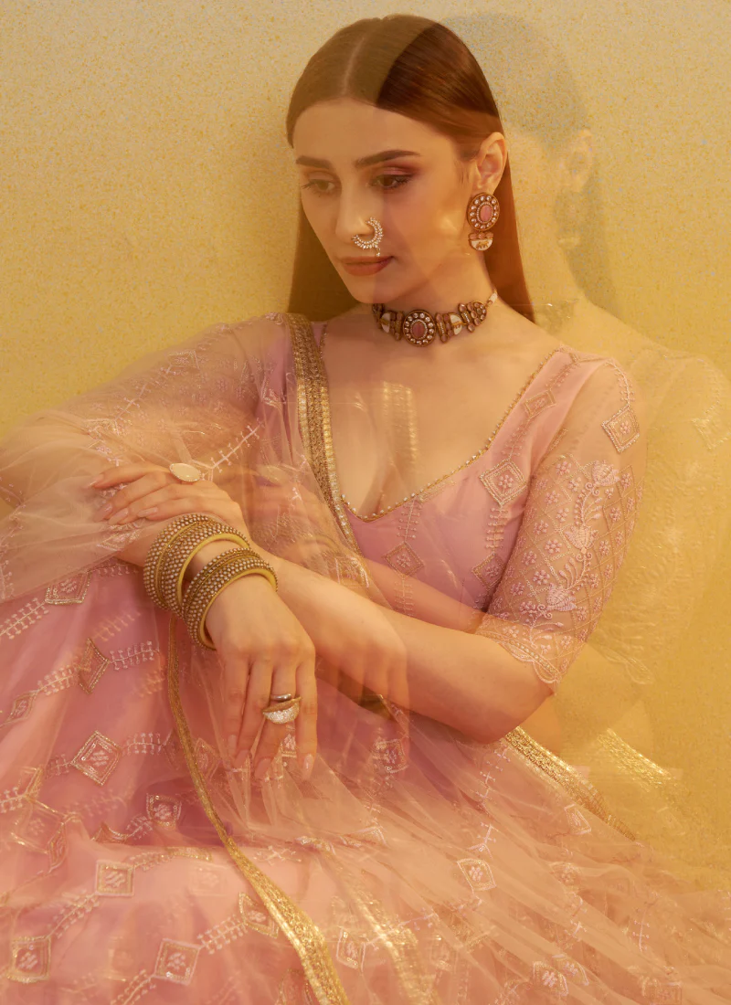 Prominent Thread Embroidery Light Pink Net Lehenga Choli With Dupatta - Image 5