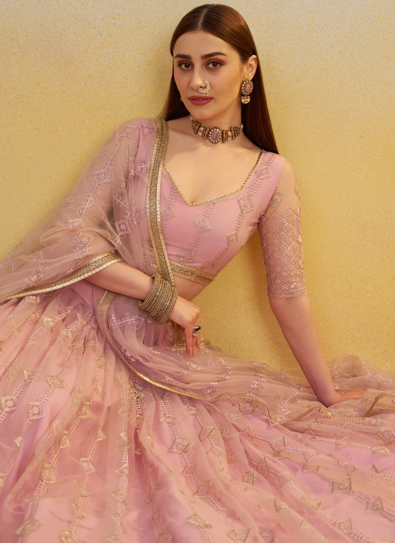 Prominent Thread Embroidery Light Pink Net Lehenga Choli With Dupatta - Image 6
