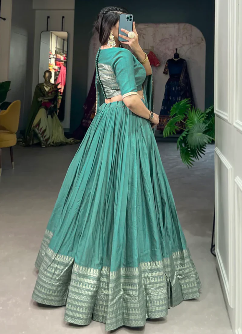 Pure Chanderi With Weaving Work See Green Traditional Lehenga Choli - Image 3