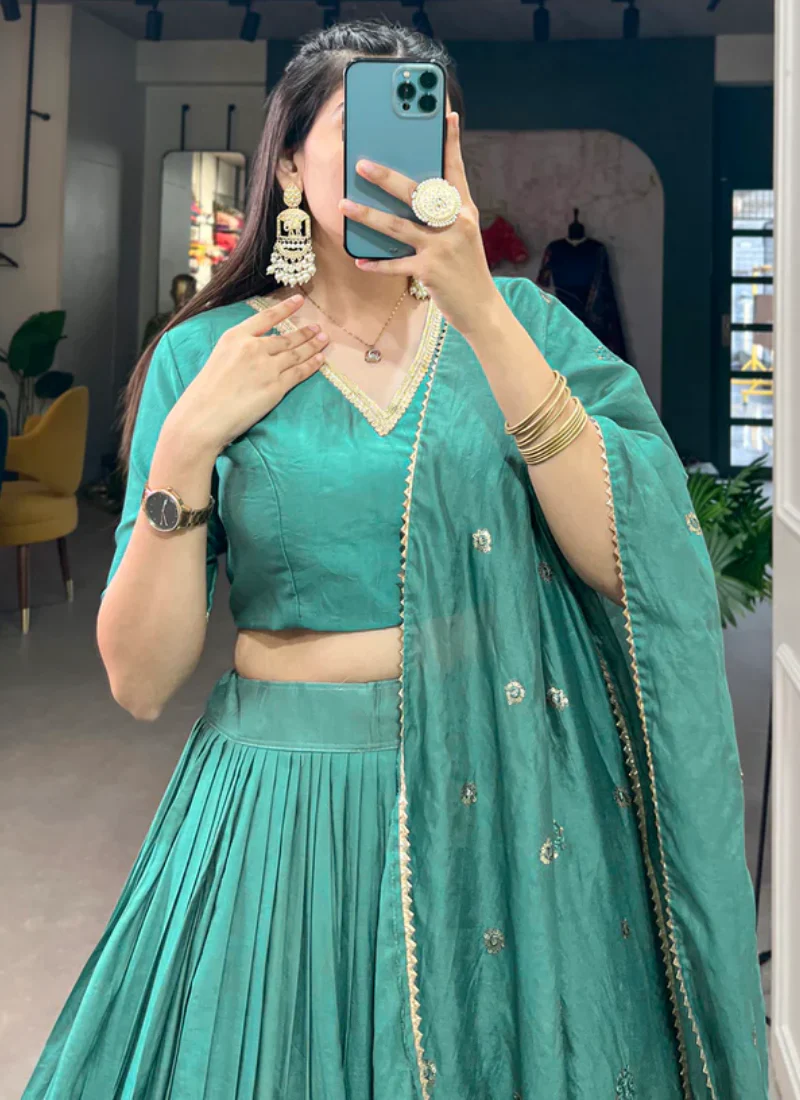 Pure Chanderi With Weaving Work See Green Traditional Lehenga Choli - Image 4