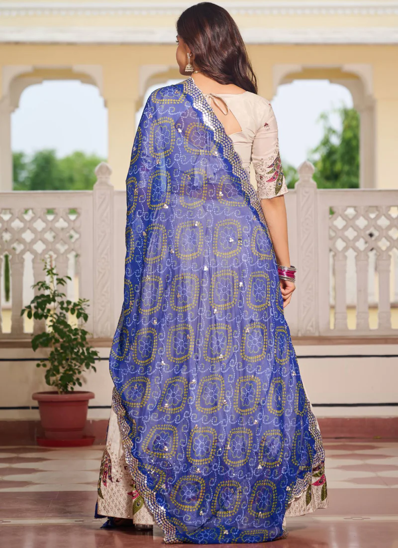 Pure Tissue Silk Multi Thread Embroidered Cream Lehenga Choli For Women - Image 3