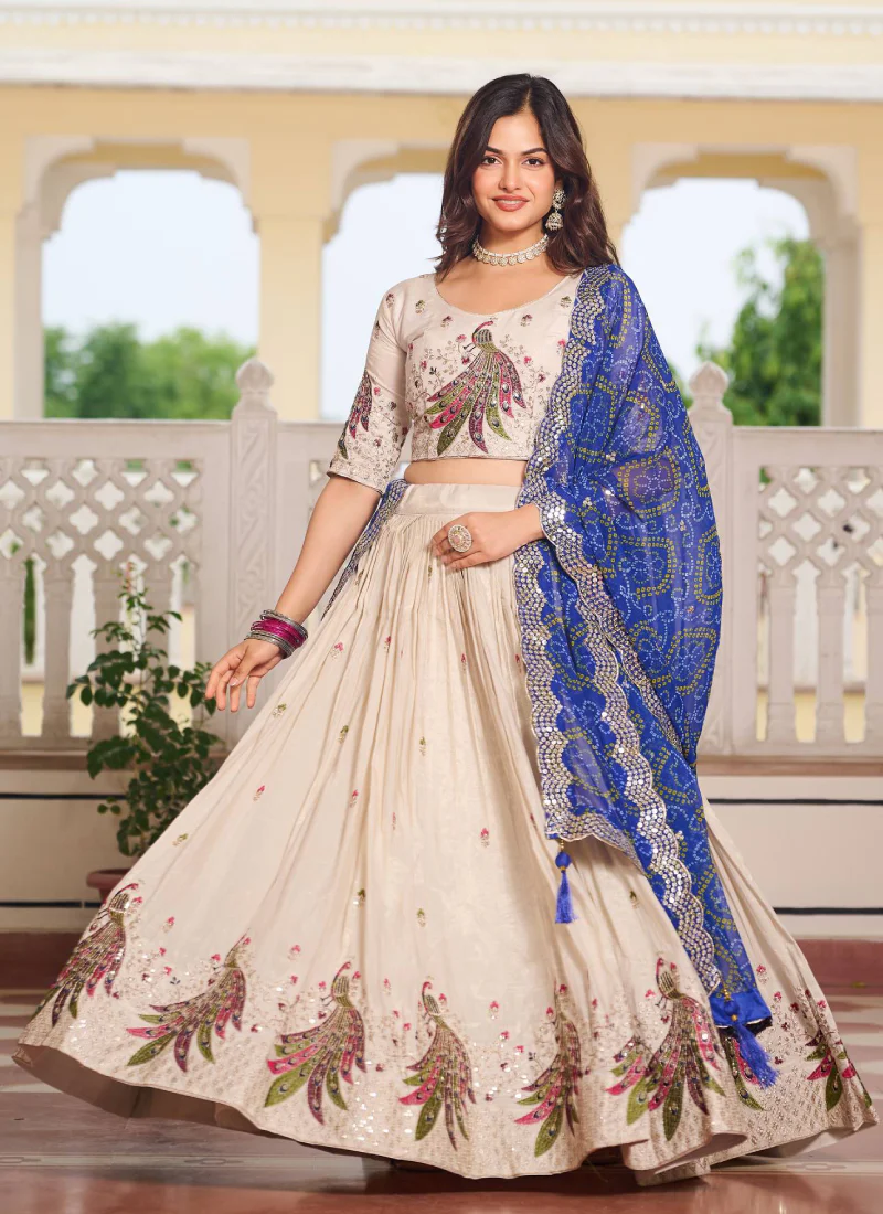 Pure Tissue Silk Multi Thread Embroidered Cream Lehenga Choli For Women - Image 4