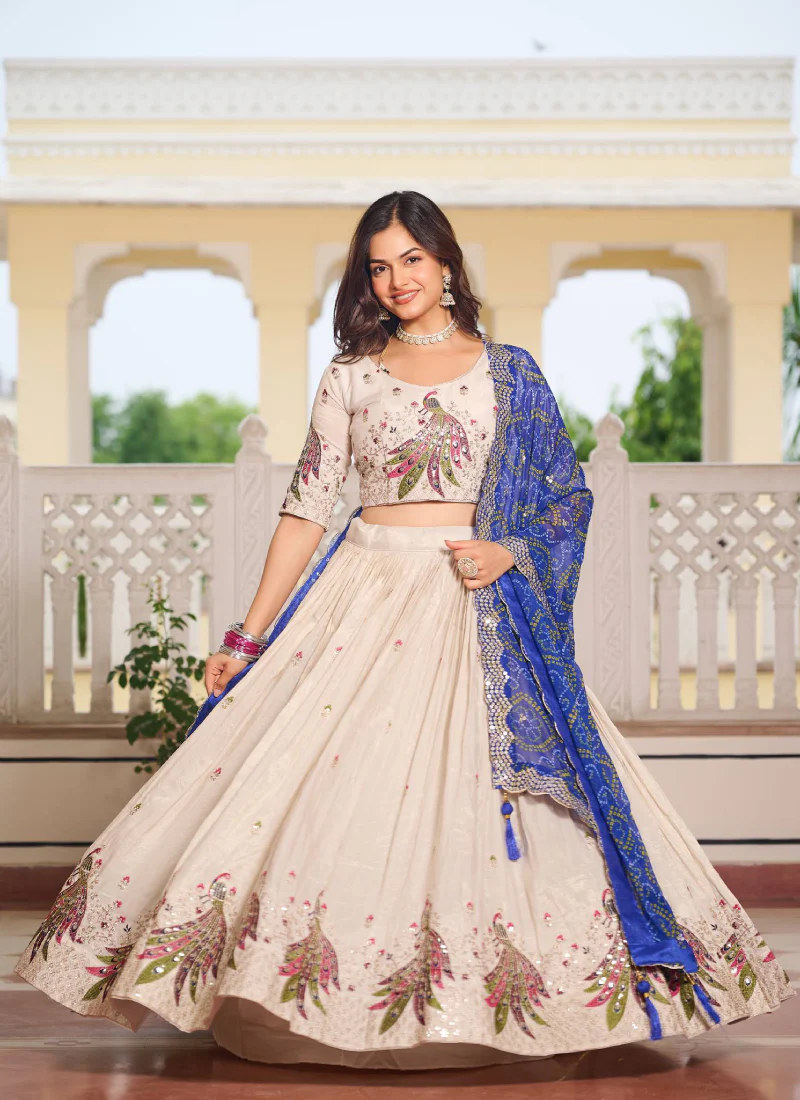 Pure Tissue Silk Multi Thread Embroidered Cream Lehenga Choli For Women - Image 6