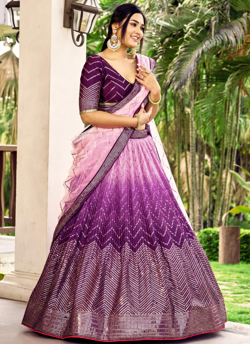 Purple Chinon Sequence Embroidered Work Indian Heavy Lehenga Choli - Image 3