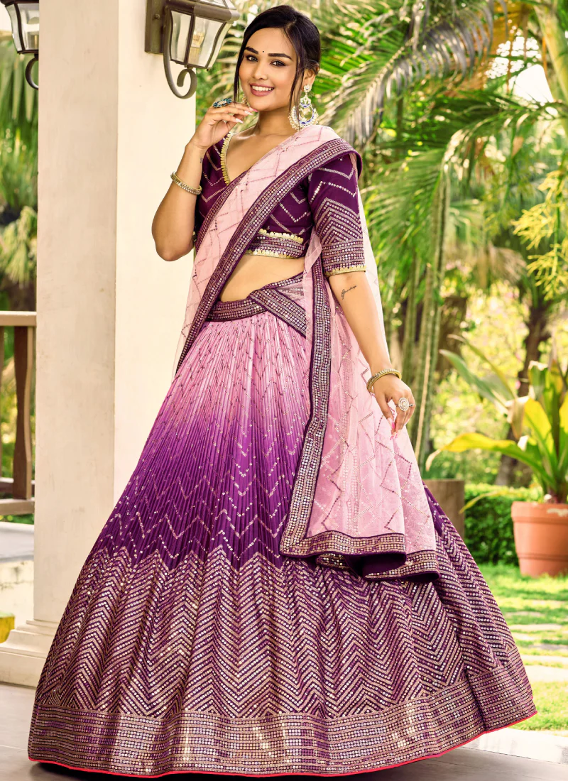 Purple Chinon Sequence Embroidered Work Indian Heavy Lehenga Choli - Image 4