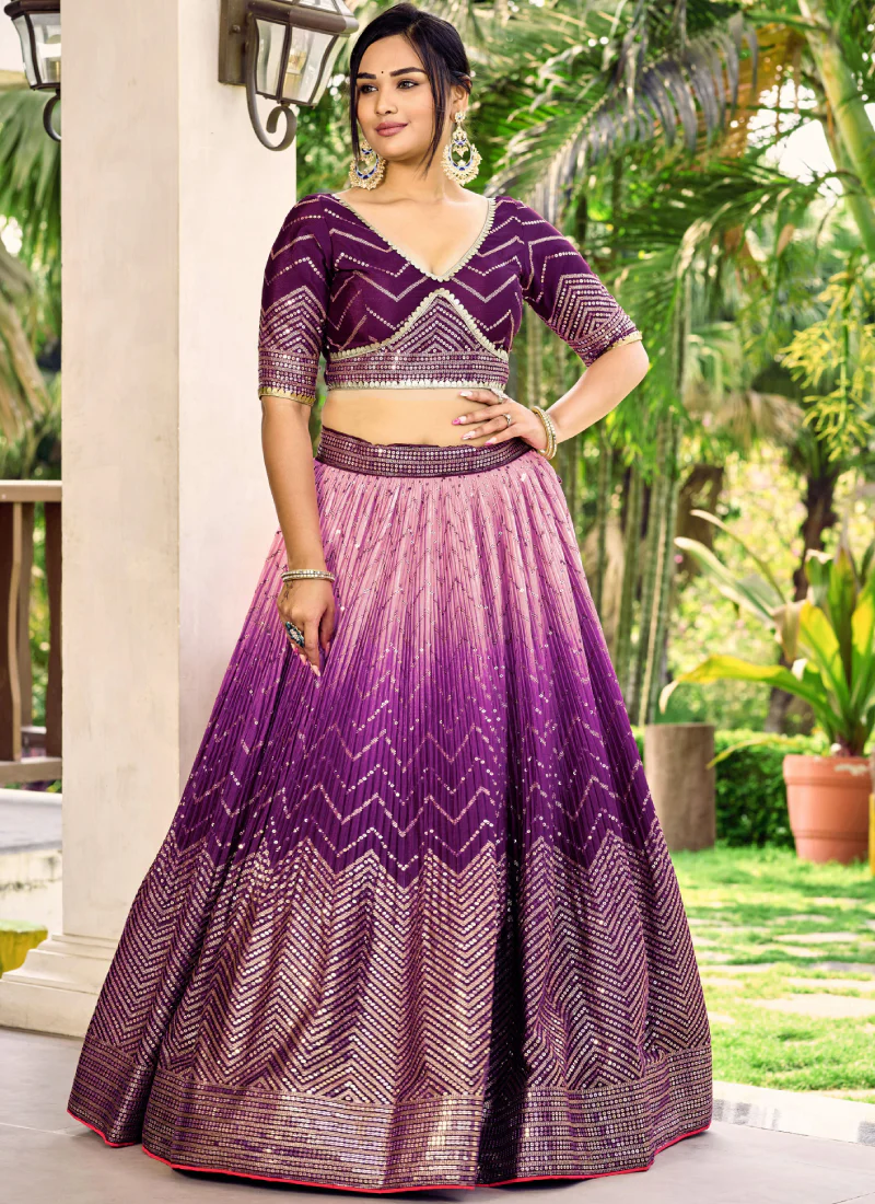Purple Chinon Sequence Embroidered Work Indian Heavy Lehenga Choli - Image 5