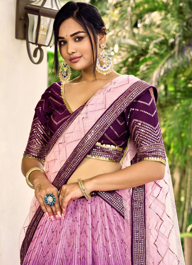 Purple Chinon Sequence Embroidered Work Indian Heavy Lehenga Choli - Image 6