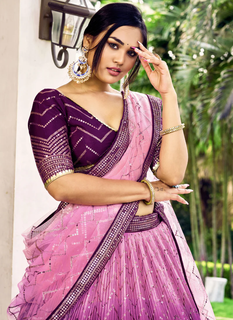Purple Chinon Sequence Embroidered Work Indian Heavy Lehenga Choli - Image 7