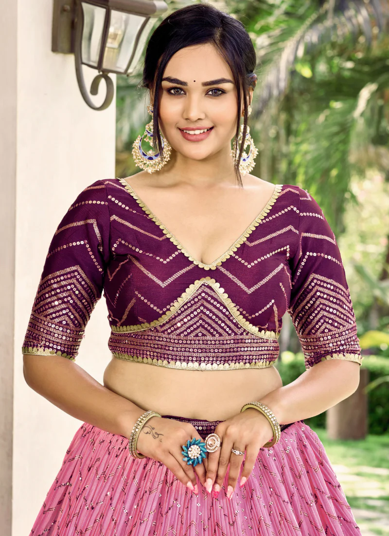 Purple Chinon Sequence Embroidered Work Indian Heavy Lehenga Choli - Image 8