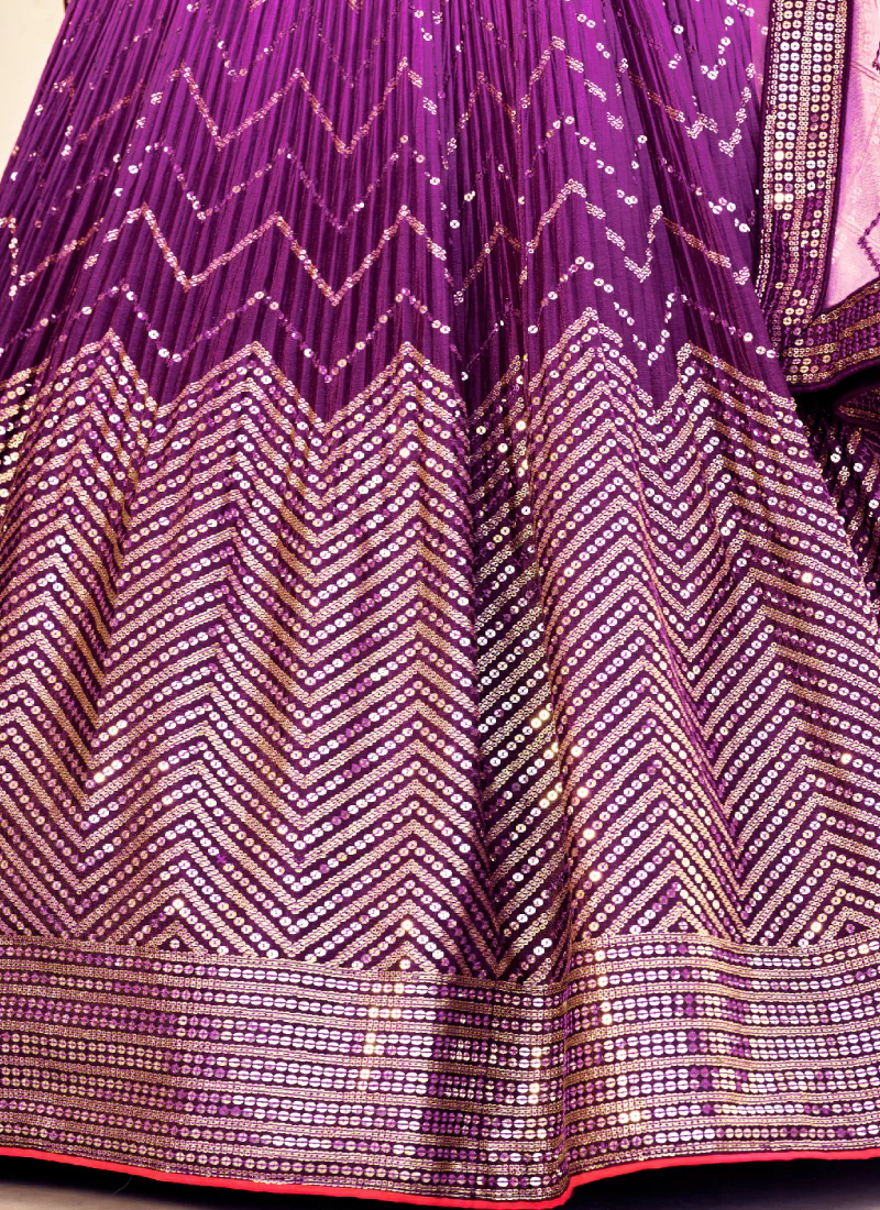 Purple Chinon Sequence Embroidered Work Indian Heavy Lehenga Choli - Image 9