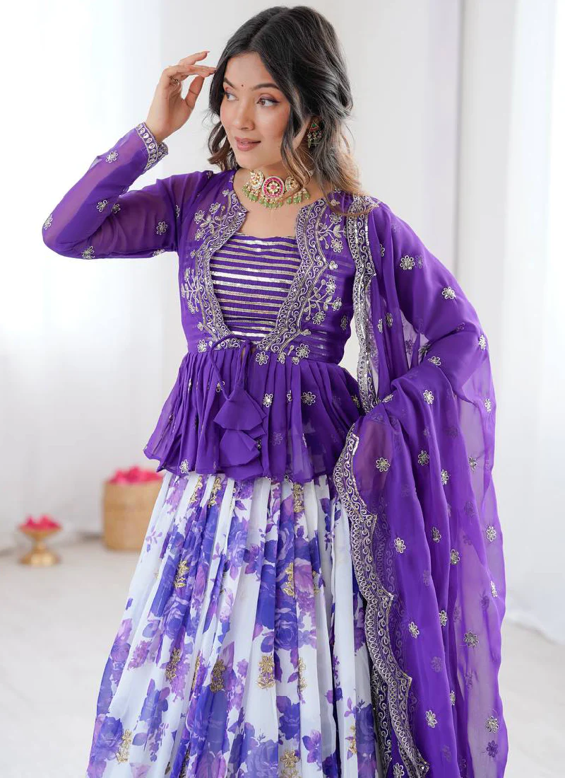Purple Digital Floral Printed Faux Georgette Embroidered Lehenga Choli - Image 2