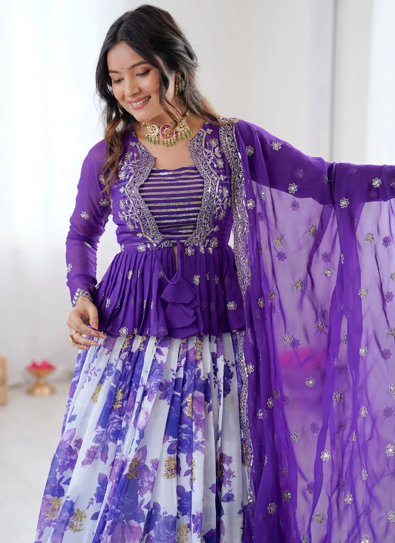 Purple Digital Floral Printed Faux Georgette Embroidered Lehenga Choli - Image 3