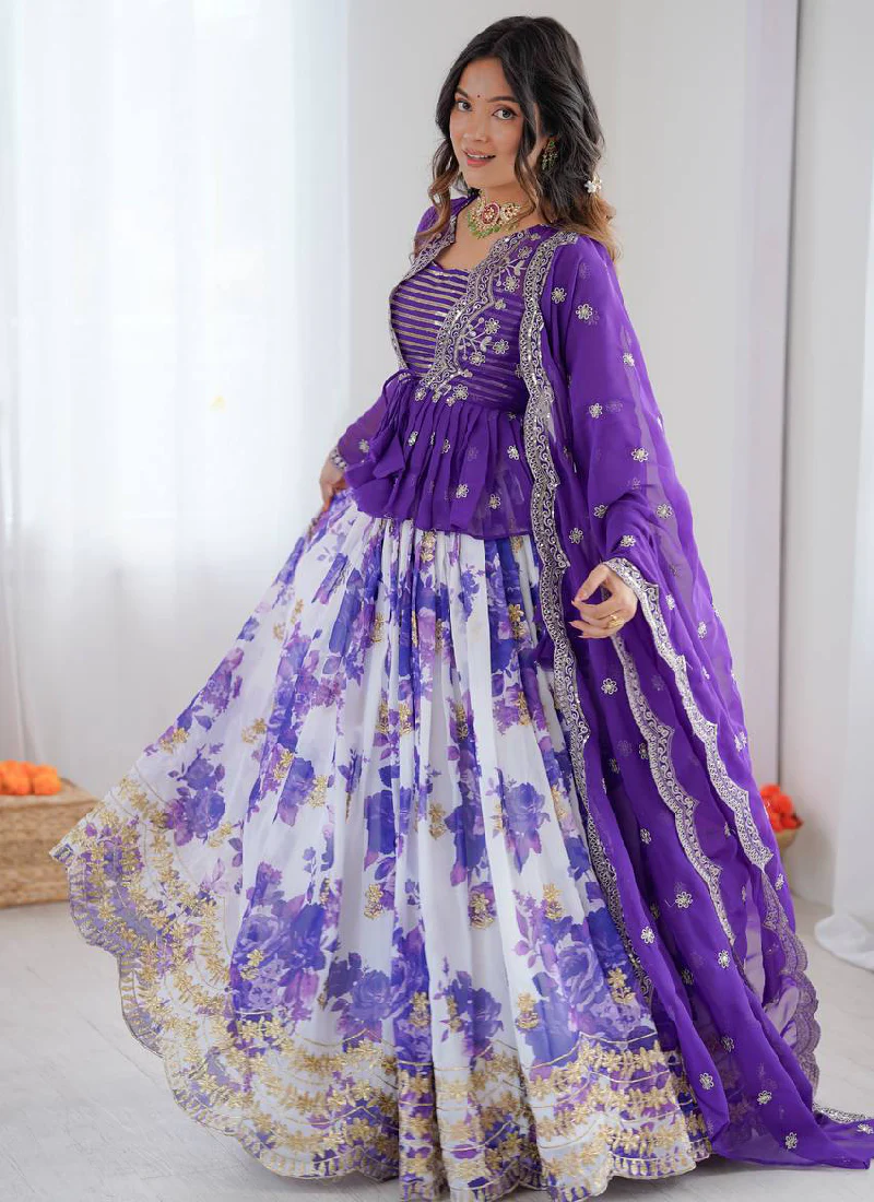Purple Digital Floral Printed Faux Georgette Embroidered Lehenga Choli - Image 4