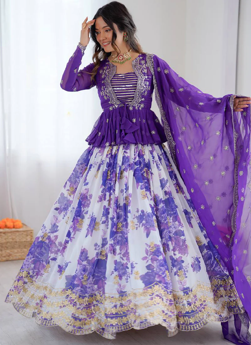 Purple Digital Floral Printed Faux Georgette Embroidered Lehenga Choli - Image 5