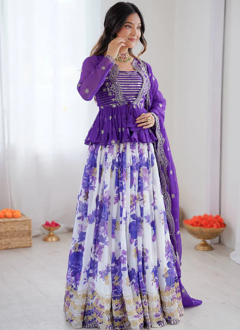 Purple Digital Floral Printed Faux Georgette Embroidered Lehenga Choli - Image 6