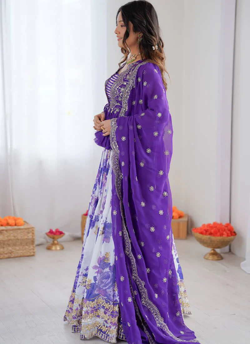 Purple Digital Floral Printed Faux Georgette Embroidered Lehenga Choli - Image 7