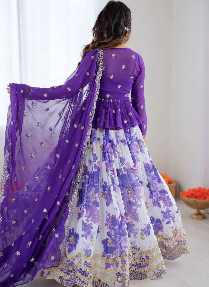 Purple Digital Floral Printed Faux Georgette Embroidered Lehenga Choli - Image 8