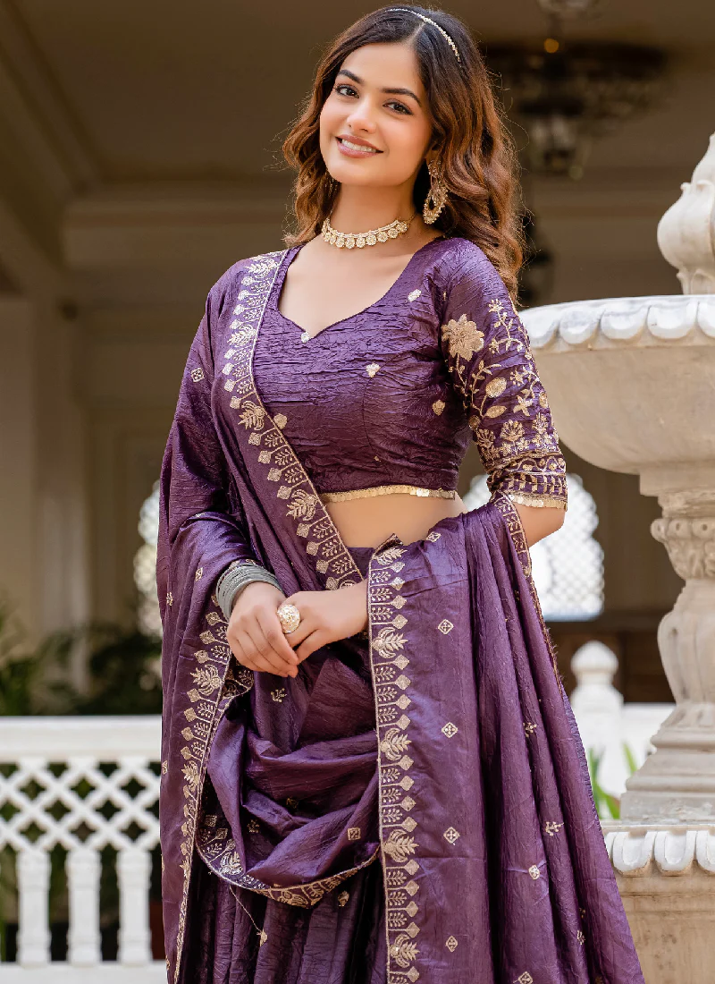 Purple Embroidered Gold Crush Wedding Lehenga Choli With Dupatta - Image 2