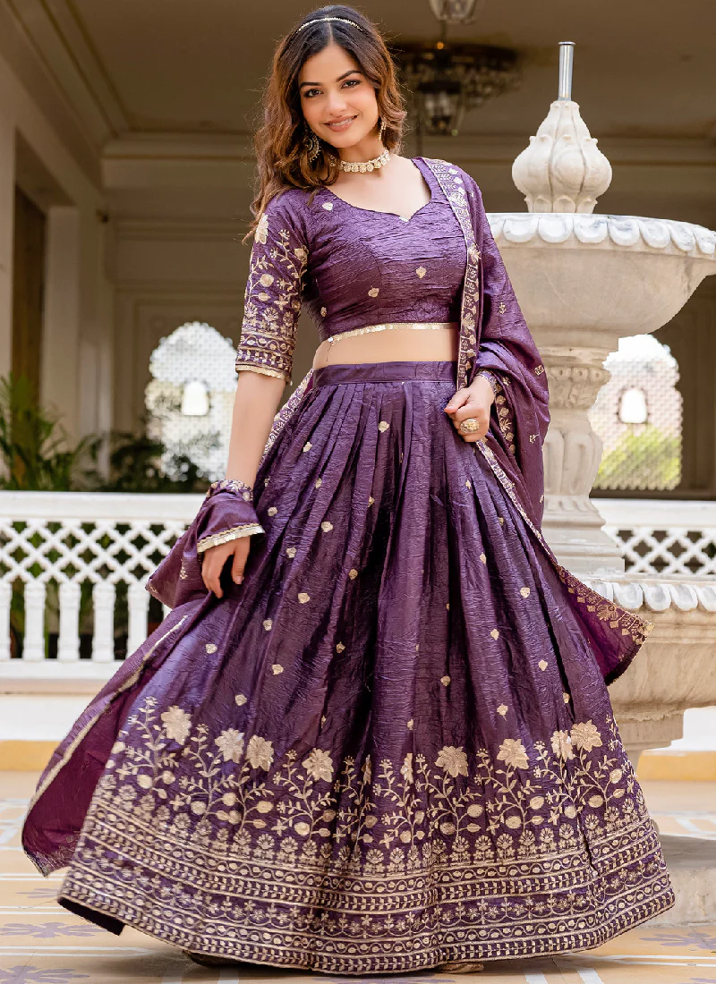 Purple Embroidered Gold Crush Wedding Lehenga Choli With Dupatta - Image 3