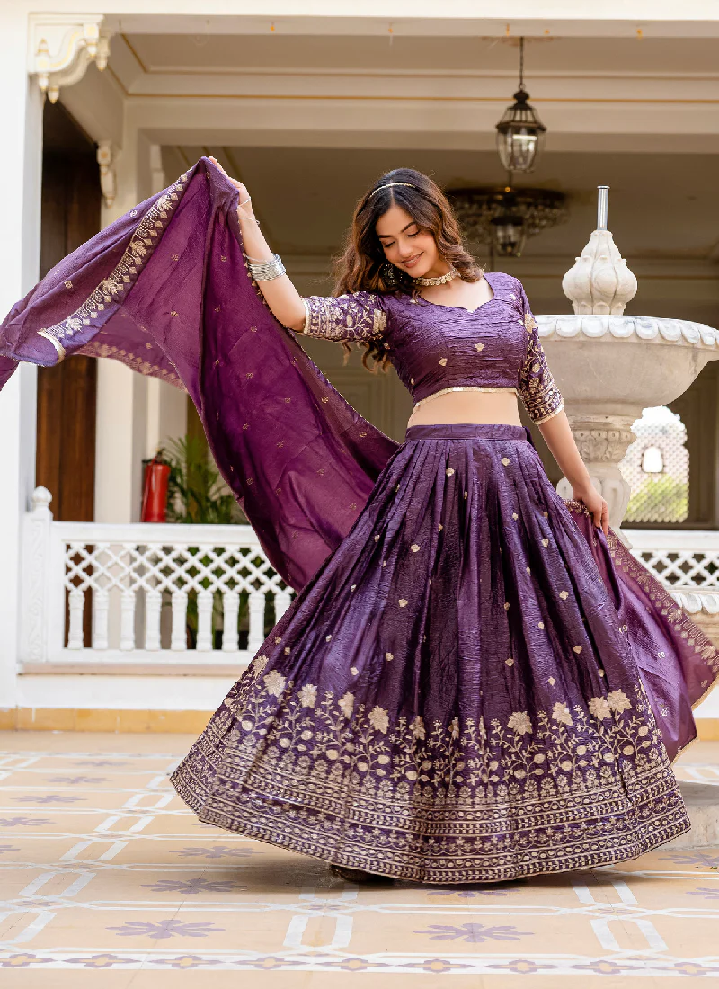 Purple Embroidered Gold Crush Wedding Lehenga Choli With Dupatta - Image 4