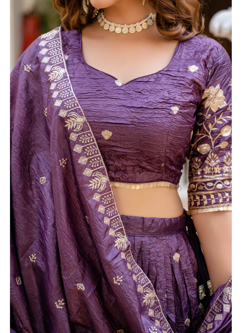 Purple Embroidered Gold Crush Wedding Lehenga Choli With Dupatta - Image 5