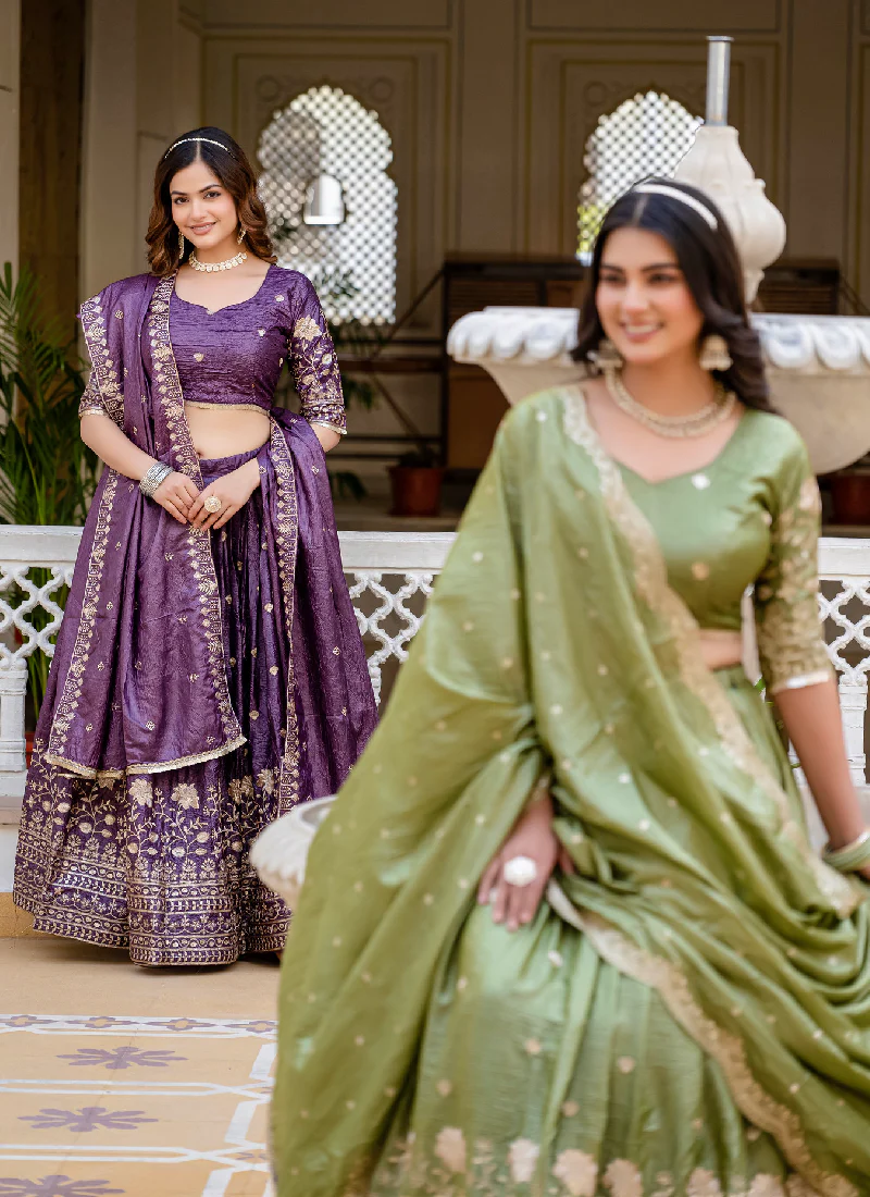 Purple Embroidered Gold Crush Wedding Lehenga Choli With Dupatta - Image 6