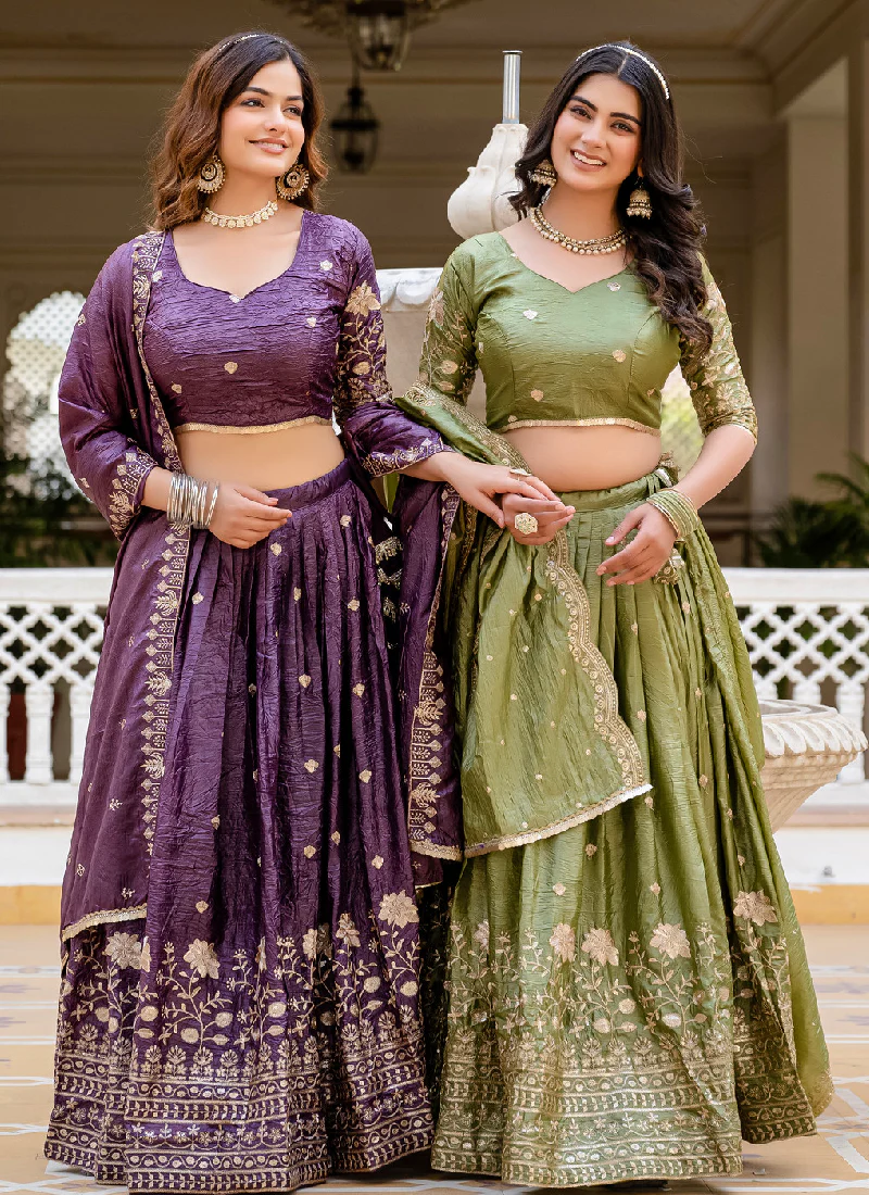 Purple Embroidered Gold Crush Wedding Lehenga Choli With Dupatta - Image 7