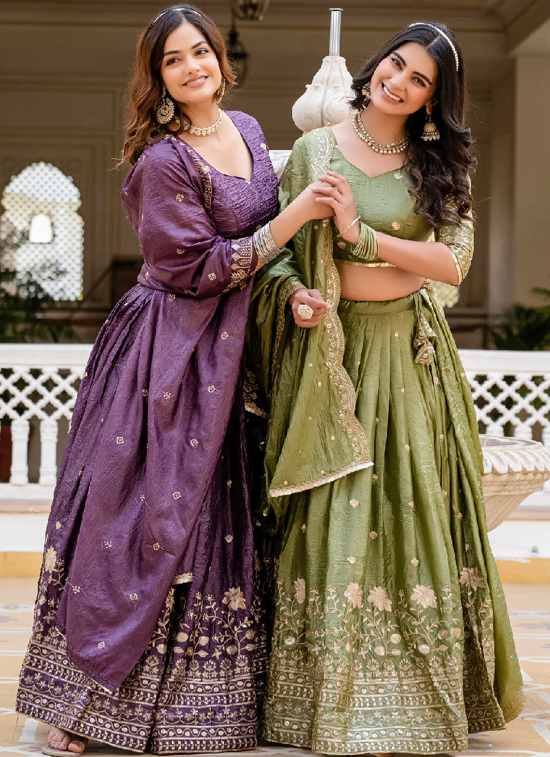Purple Embroidered Gold Crush Wedding Lehenga Choli With Dupatta - Image 8