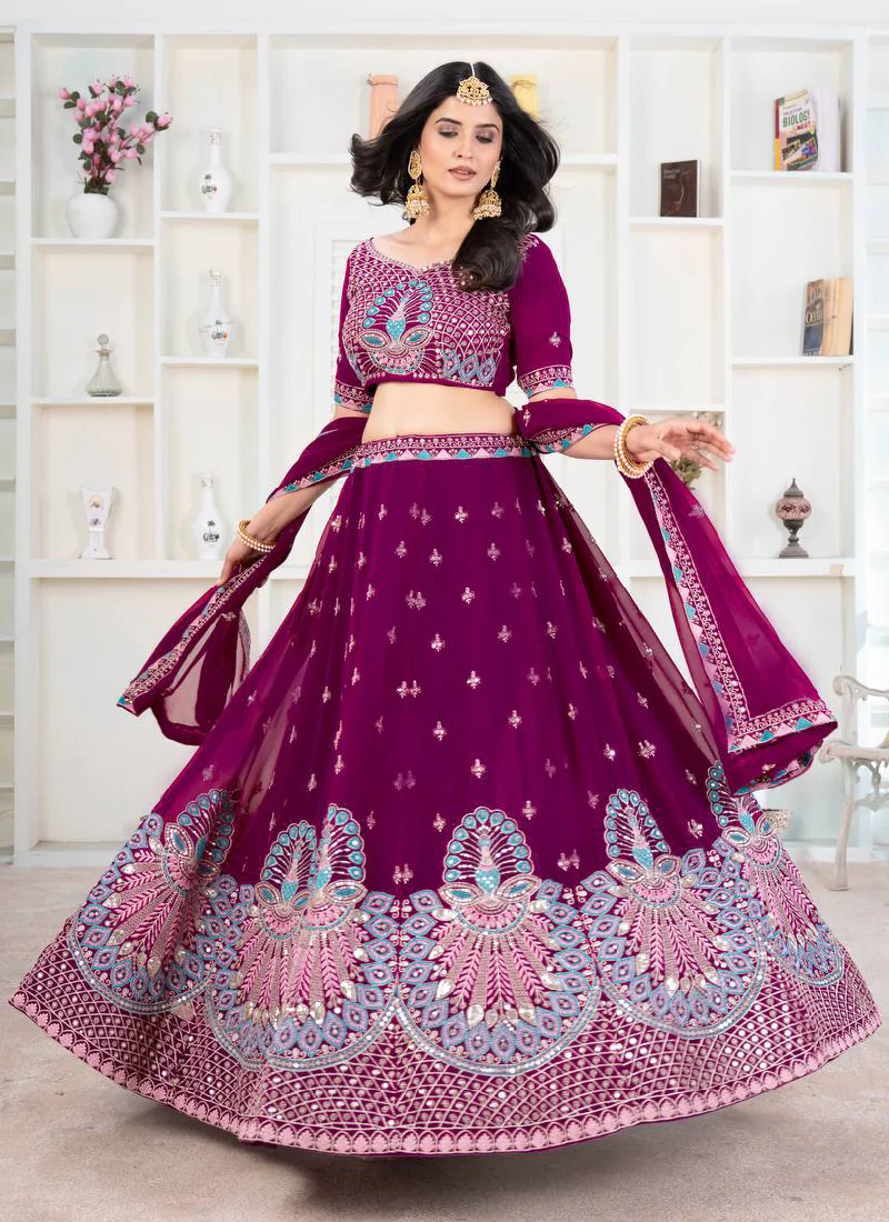 Purple Georgette Sequence Embroidered Lehenga Choli With Dupatta - Image 3