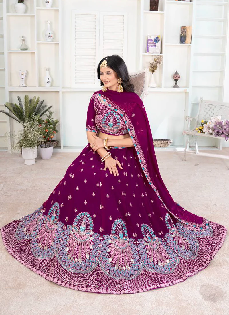 Purple Georgette Sequence Embroidered Lehenga Choli With Dupatta - Image 4