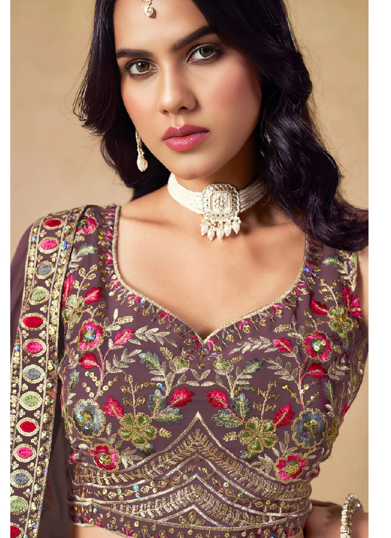 Purple Georgette Zari Sequence Embroidery Work Beautiful Lehenga Choli - Image 7