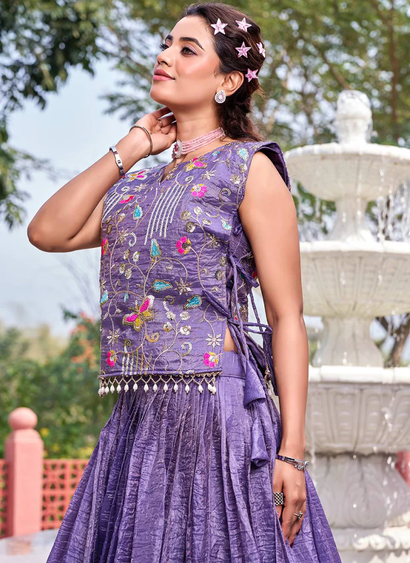 Purple Gold Crush Lehenga With Sequence Embroidered Blouse And Shrug - Image 3