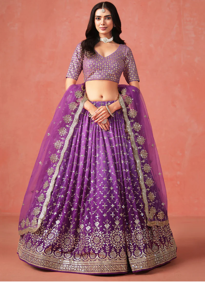 Purple Party Wear Zari Work Georgette Lehenga Choli With Dupatta - Image 3